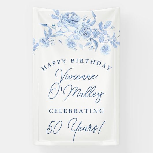 Happy Birthday Banner 50e Blauwe Bloemen Sjabloon (Verticaal)