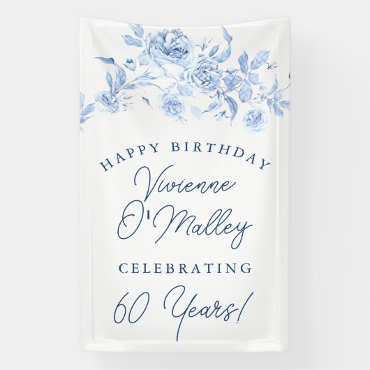 Happy Birthday Banner 60e Blauwe Bloemen Sjabloon (Verticaal)