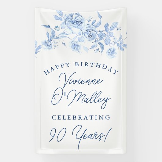 Happy Birthday Banner 90e Blauwe Bloemen Sjabloon (Verticaal)