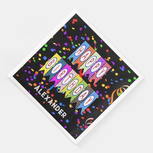 Happy Birthday Banner Confetti Black Name Party Servet (Hoek)