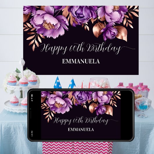 Happy birthday banner elegant paarse roos goud poster