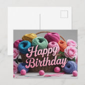 Happy Birthday Basket with Yarn Balls and Roses  Briefkaart (Voorkant / Achterkant)