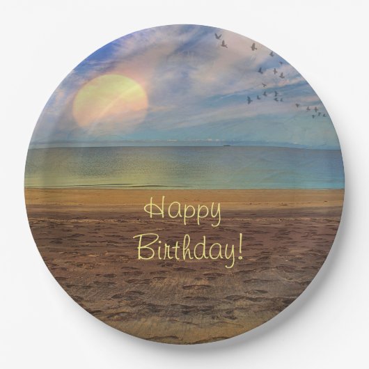 Happy Birthday Beach Sunset Papieren Bordje (Voorkant)