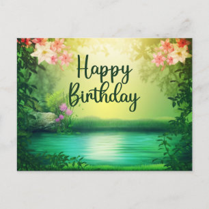 Happy Birthday Beauful Natuur Lake & Flowers Briefkaart