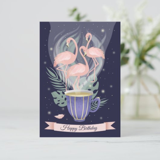 Happy Birthday Beauful Pink Flamingo Tea Time (Staand voorkant)