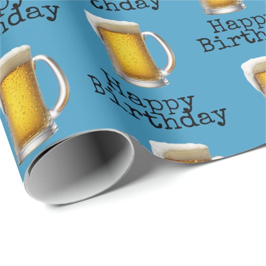 Happy Birthday beer Mok op Aqua Cadeaupapier (Rol Hoek)