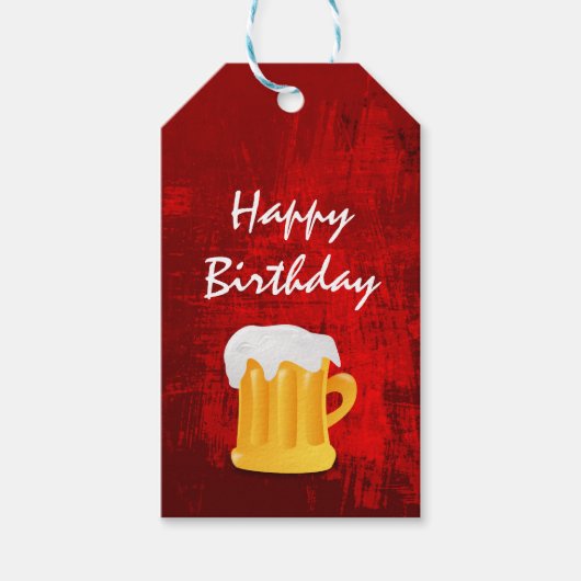 Happy Birthday Beer Mok op Rustic Red Abstract Cadeaulabel (Voorkant)