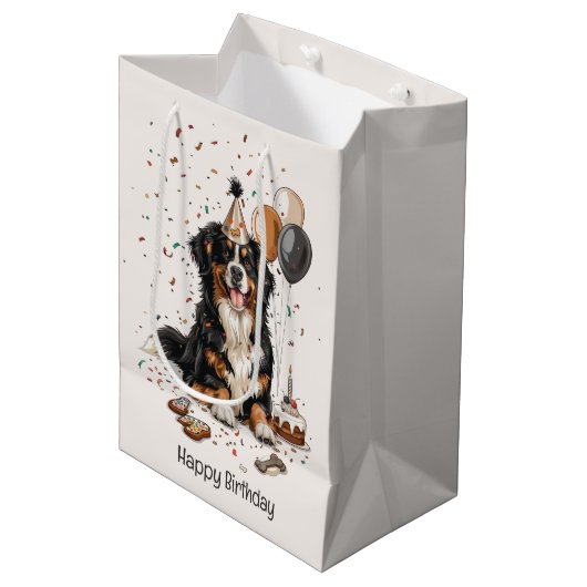 Happy Birthday Bernese Mountain Dog Medium Cadeauzakje (Voorkant Gekanteld)