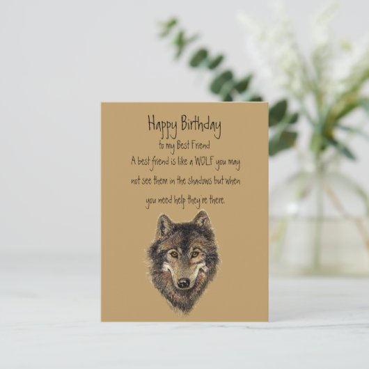 Happy Birthday, beste vriend Wolf, Wolvenkaart Briefkaart (Staand voorkant)