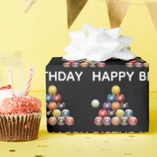 Happy Birthday Billiard Balls op Black Cadeaupapier