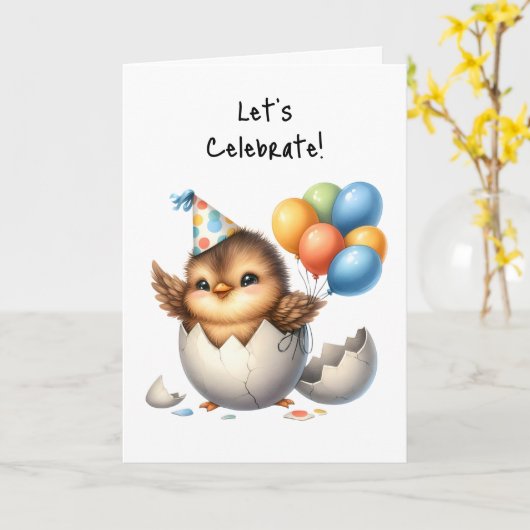 Happy Birthday  Bird Hatched Egg Balloons Kaart (Gele Bloem)