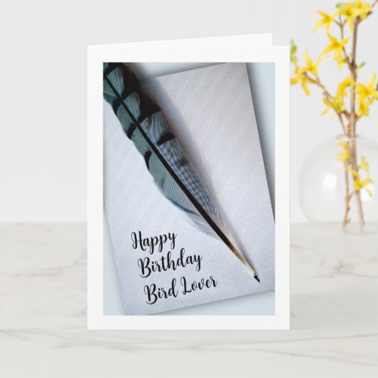 Happy Birthday Bird Lover Blue Jay Feather Card Kaart (Gele Bloem)