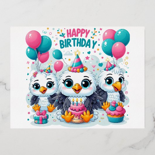 Happy Birthday Birds Folie Feestdagen Briefkaart (Voorkant)