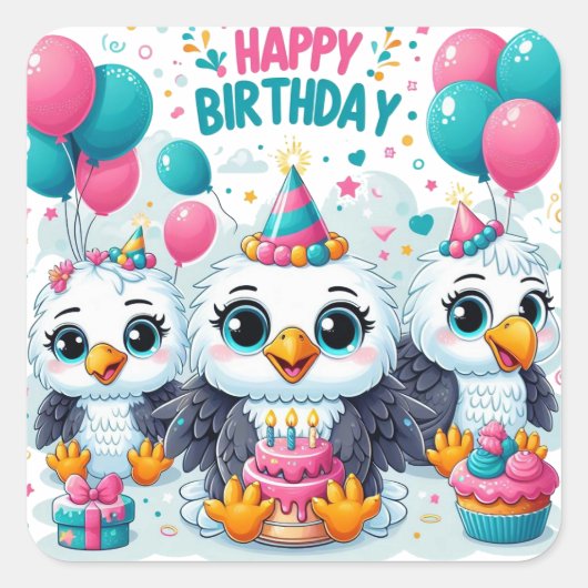 Happy Birthday Birds Vierkante Sticker (Voorkant)
