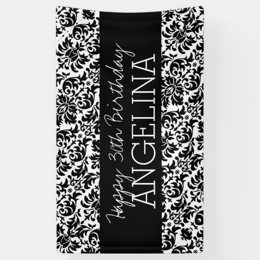 Happy Birthday Black en White Damask - tekst Spandoek (Verticaal)