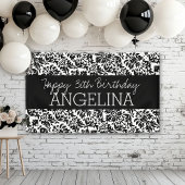 Happy Birthday Black en White Damask - tekst Spandoek