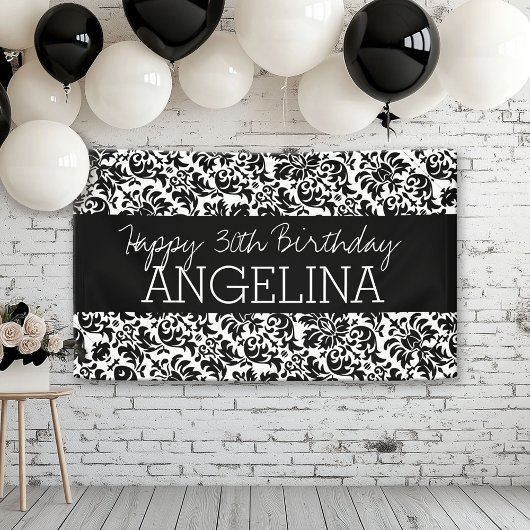 Happy Birthday Black en White Damask - tekst Spandoek