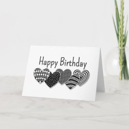 Happy Birthday Black en White Decorative Hearts Kaart