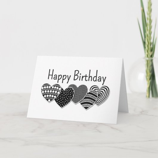 Happy Birthday Black en White Decorative Hearts Kaart (Voorkant)