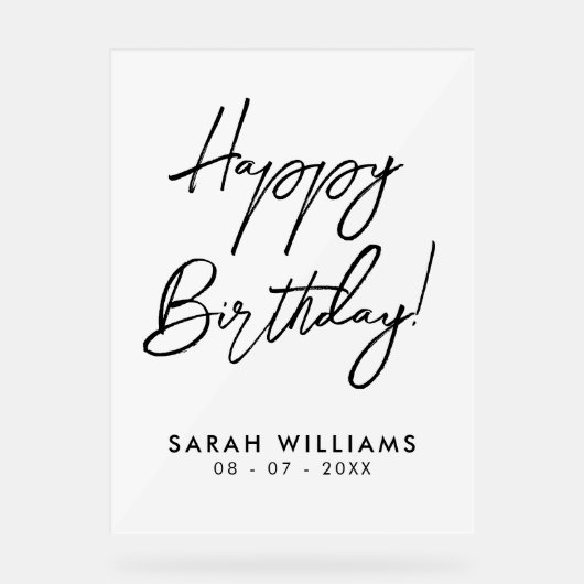 Happy Birthday Black en White Modern Script Acryl Bord (Voorkant)