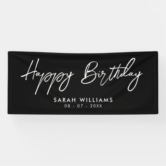 Happy Birthday Black en White Modern Script Spandoek (Horizontaal)