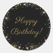 Happy Birthday Black Gold Glitter Ronde Sticker (Voorkant)