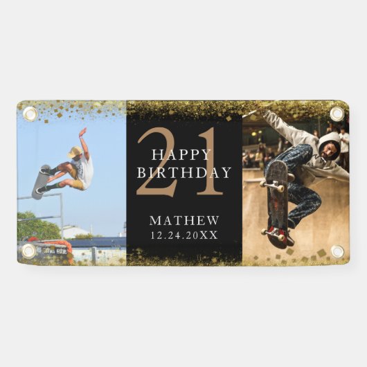 Happy Birthday Black & Gold Glitter Sparkle Party Spandoek (Horizontaal)