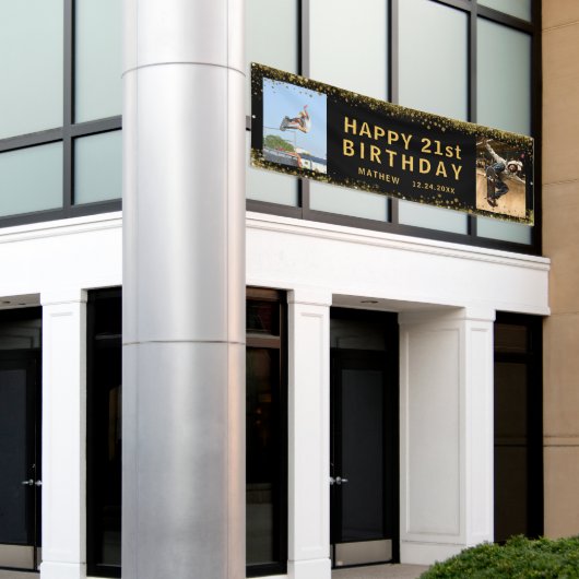 Happy Birthday Black & Gold Glitter Sparkle Party Spandoek (Buitenkant Gebouw)