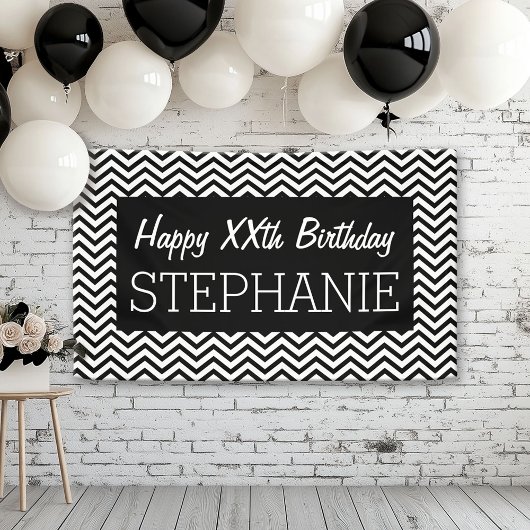 Happy Birthday - Black White Chevrons - aangepaste Spandoek