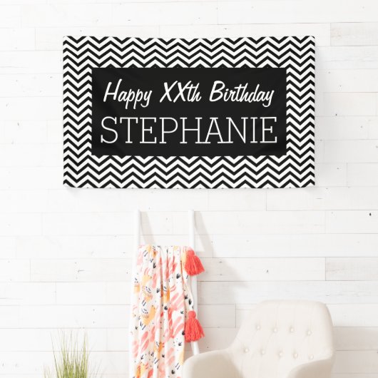 Happy Birthday - Black White Chevrons - aangepaste Spandoek (Insitu)