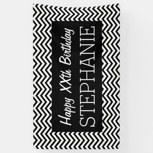 Happy Birthday - Black White Chevrons - aangepaste Spandoek (Verticaal)