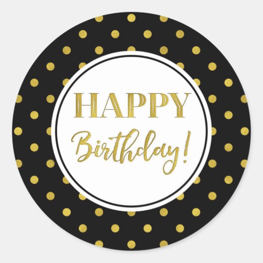 Happy Birthday Black White Gold Stippen Ronde Sticker (Voorkant)