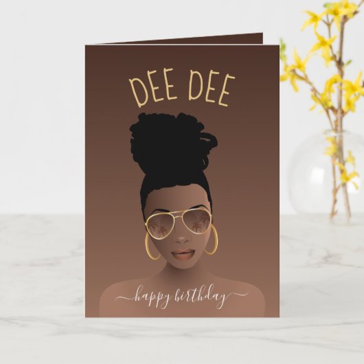 Happy Birthday, Black Woman w/Gold Shades, Brown Kaart (Gele Bloem)