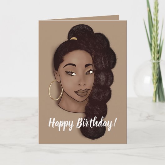 Happy Birthday, Black Woman w/Long Ponytail, Brown Kaart (Voorkant)