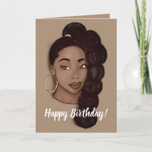 Happy Birthday, Black Woman w/Long Ponytail, Brown Kaart