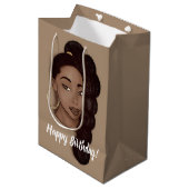 Happy Birthday, Black Woman w/Long Ponytail, Brown Medium Cadeauzakje (Voorkant Gekanteld)