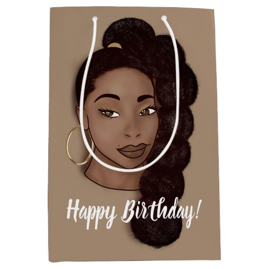 Happy Birthday, Black Woman w/Long Ponytail, Brown Medium Cadeauzakje (Voorkant)