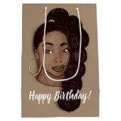 Happy Birthday, Black Woman w/Long Ponytail, Brown Medium Cadeauzakje (Achterkant)