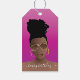 Happy Birthday, Black Woman w/Shades Pink, Magenta Cadeaulabel