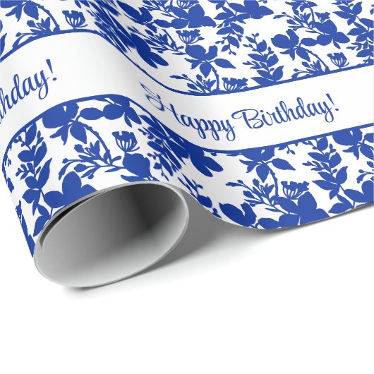 Happy Birthday Blauw Azure Bloemenpatroon Cadeaupapier (Rol Hoek)