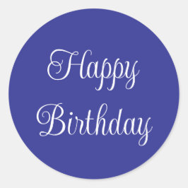 Happy Birthday Blauw en Wit Elegant Script Ronde Sticker