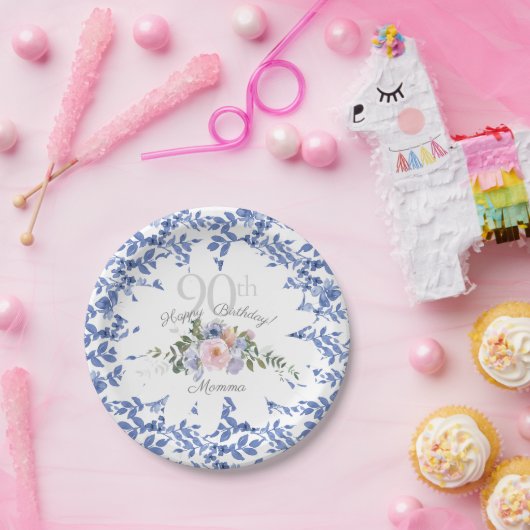 Happy Birthday Blauw Wit Bloemen Papier Bord (Feest)