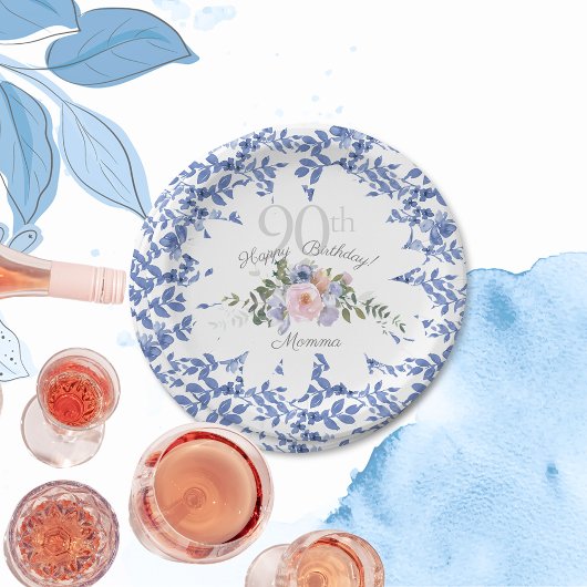 Happy Birthday Blauw Wit Bloemen Papier Bord