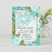 Happy BIrthday - Blauwgroen bloemontwerp Kaart (Staand voorkant)