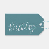 Happy Birthday Blauwgroen Blue White Modern Cadeaulabel (Voorkant (Horizontaal))