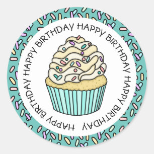 Happy Birthday Blauwgroen en Vanilla Cupcake Ronde Sticker