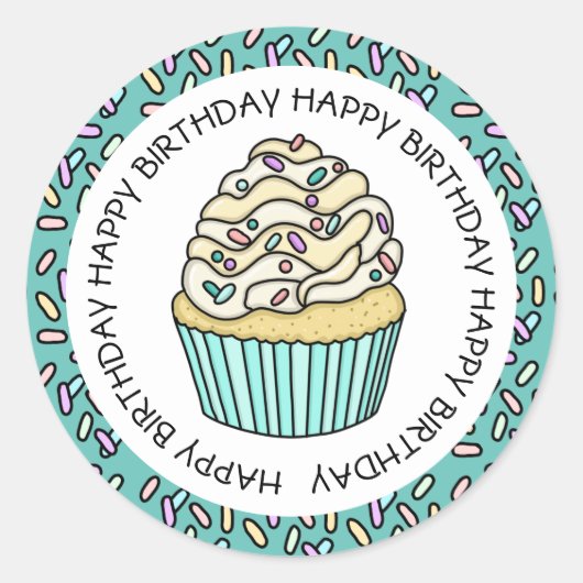 Happy Birthday Blauwgroen en Vanilla Cupcake Ronde Sticker (Voorkant)