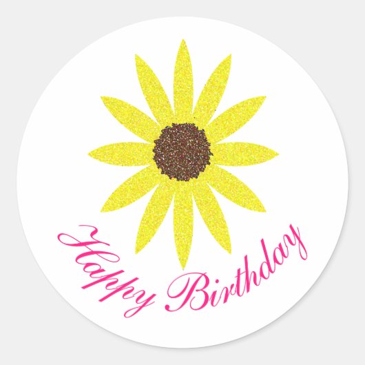 Happy Birthday Bloem Zonnebloem Roze Geel Ronde Sticker (Voorkant)