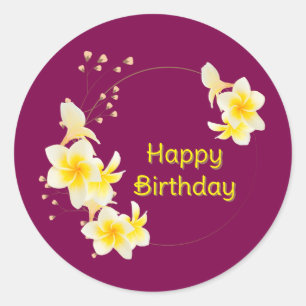 Happy Birthday Bloemen Geel Goud Ronde Sticker