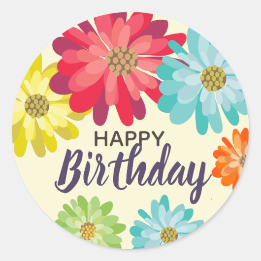 Happy Birthday-bloemen Ronde Sticker (Voorkant)